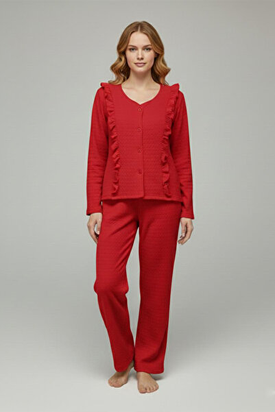 FİT WOMEN FIRFIRLI V YAKALI ÖNÜ DÜĞMELİ UZUN KOLLU PİJAMA TAKIMI 4451