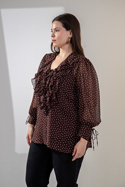 Roxxlen Bluză din șifon cu volane la guler, mărime mare, pentru femei