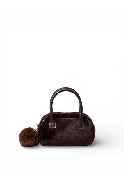 Goldies Bag Kadın Acı Kahve Mini Peluş Ponponlu Fermuarlı Suni Deri Çapraz As...