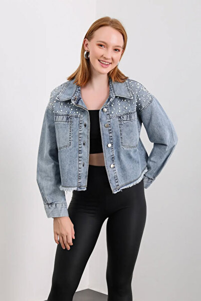 Hatun Atila Women's Denim Jacket with Pearl and Stone Detail on the Shoulders...