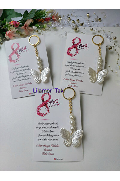 Lilamor 5 Adet 8 Mart Kadınlar Günü Hediyesi İncili Kelebek Anahtarlık