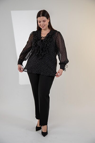 Roxxlen Γυναικεία μπλούζα σιφόν με γιακά και βολάν σε μεγάλο μέγεθος