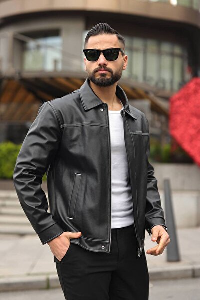 BASEL.CO Modern Cut Leather Jacket with Stitching Detail - Premium City Colle...