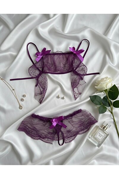 My secret MOR TRANSPARAN DANTELLİ BAĞLAMA FİYONKLU FANTAZİ SÜTYEN TAKIMI