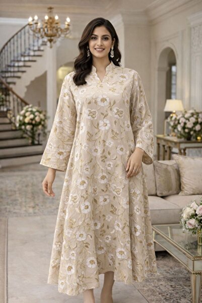 ELLA Kuwaiti linen jalabiya with luxurious rose embroidery