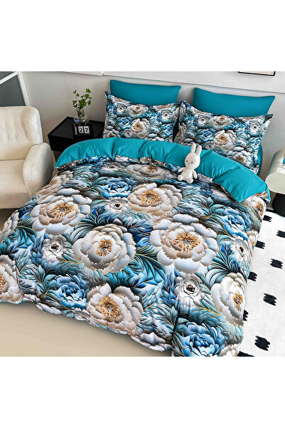 OEM Double Bed Linen, Digital 5D, 3D Flowers Blue & Cream, 6 Pieces, Finet, 1...