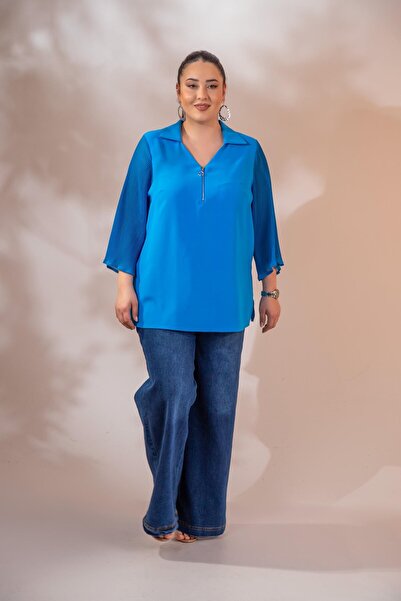 Roxxlen Γυναικεία μπλούζα μεγάλου μεγέθους με πιέτες και φερμουάρ