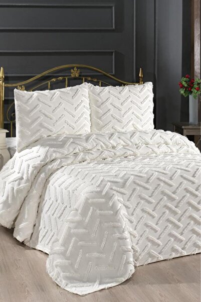 Çeyiz Diyarı Set cuvertură dublă Zigra, 3 piese, crem