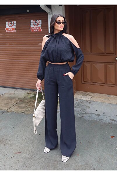 BEJNA Women's Halter Neck Woven Blouse Pants Bottom Top Set