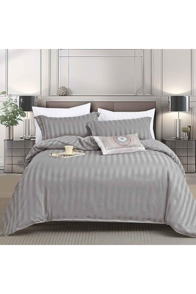 Talis Lenjerie de Pat 1 Persoana cu elastic Damasc Stripe Gri deschis 4 Piese...