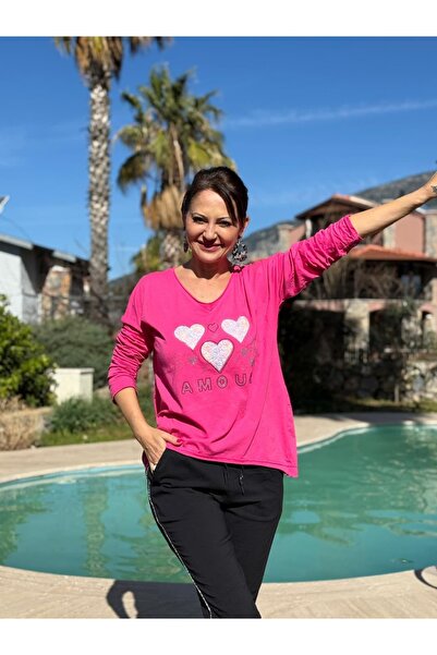Punta Otantik YG27080 Bluză din bumbac italian cu imprimeu Amour, fucsia