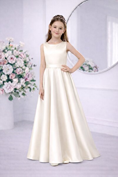 SUNEH Kız Çocuk Ekru Saten Bisiklet Yaka Sade Elbise Mezuniyet Doğum Günü Abi...