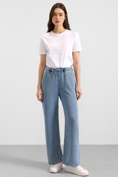 Olcay Elastic Waist Comfortable Cut Soft Denim Trousers Light Blue 7587