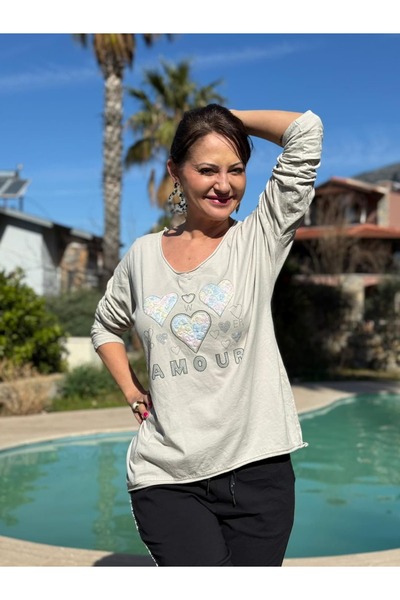 Punta Otantik بلوزة قطنية إيطالية مطبوعة YG27080 أمور باللون البيج