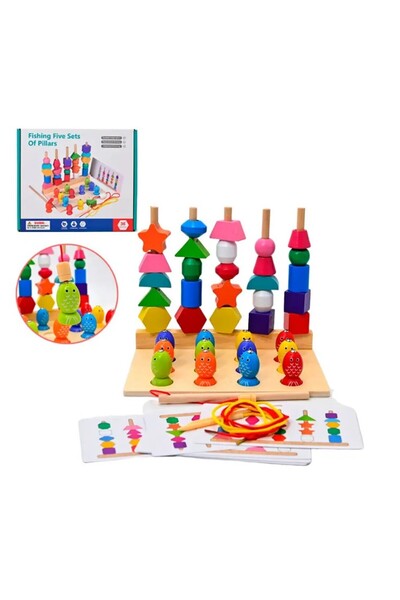 Sale4u Wooden Logic Game - 3D Geometric Pyramid, Magnetic Fishing and Stringing