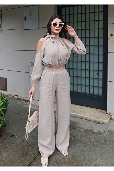 BEJNA Women's Halter Neck Woven Blouse Pants Bottom Top Set