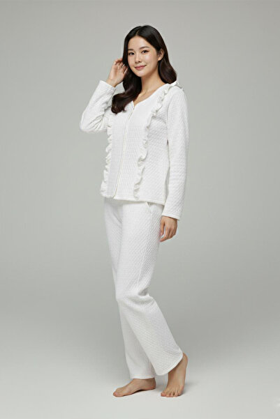 FİT WOMEN FIRFIRLI V YAKALI ÖNÜ DÜĞMELİ UZUN KOLLU PİJAMA TAKIMI 4451