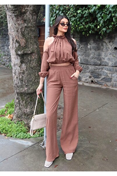 BEJNA Women's Halter Neck Woven Blouse Pants Bottom Top Set