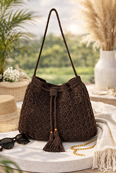 YASERS Women's Dark Brown Lined Straw Shoulder Bag Beach Bag