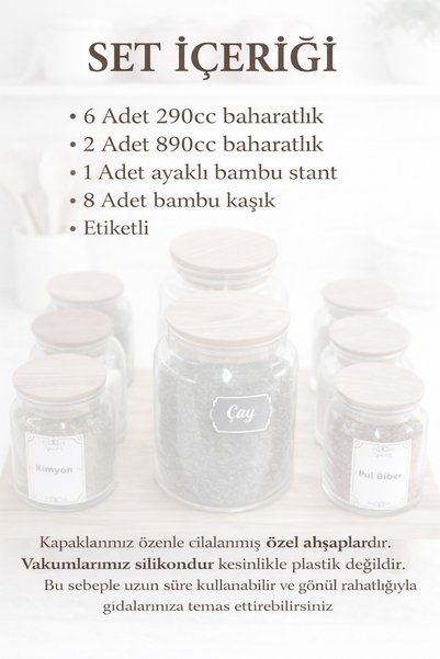 LİNGO HOME 2 Size Ladyfest Cam Spice Jar Set with Bamboo Stand and Vacuum Lid Jar Set Storage Container