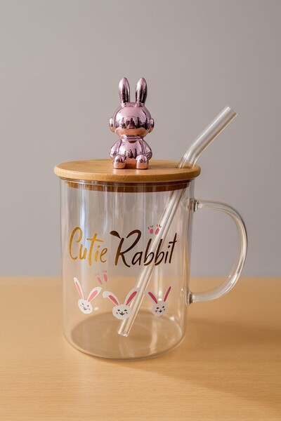 peanelife Cutie Rabbit Glass Mug with Rabbit Figure - Cute Cup with Bamboo Li...