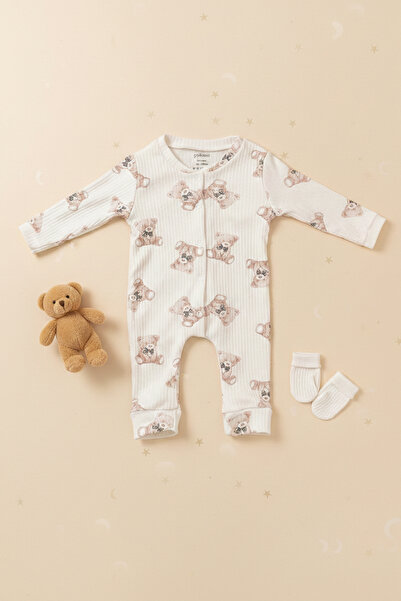 pelossi Unisex Bebek Pamuklu Ayıcık Desenli - Kurdele Detaylı Tulum Hastane Ç...