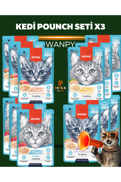 Wanpy Pouch Karışık Yaş Kedi Maması Paketi 12x70 gr (Tavuk&Ördek, Somon&Ton, ...
