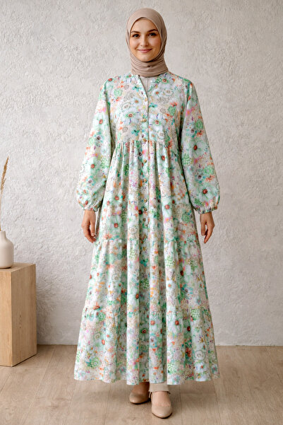 Kirazgym Women's Half Buttoned Elastic Sleeve Floral Tie-Dye Patterned Dress ...