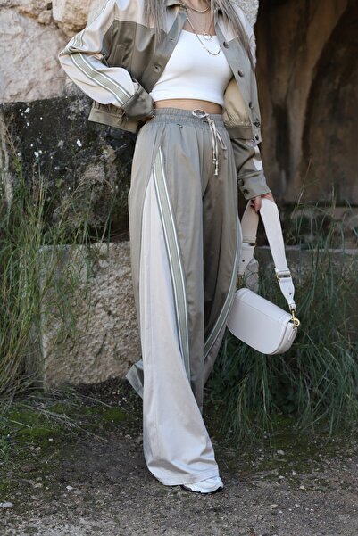 bytugcekaya Khaki Satin Premium Stripe Detailed Trousers