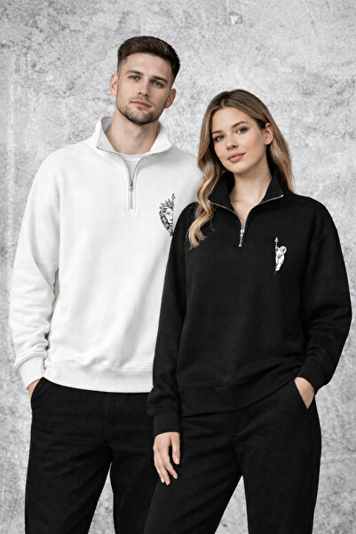 cc collection Lion and His Wife Printed Half-Zip Sweatshirt |   Oversize Unis...