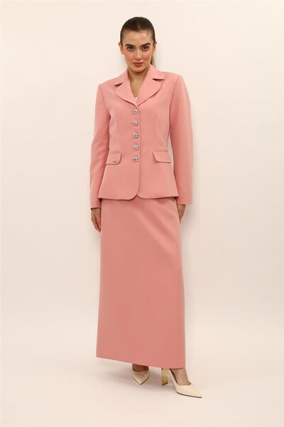 ÖNDER ÖZSOY Baby Collar Buttoned Classic Jacket & Long Bell Skirt with Square...