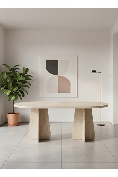 asaella mobilya Terra Traverten MDF Sabit Masa 90x170 cm V Ayak Modern ve Şık...