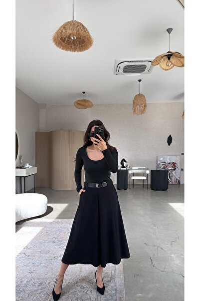 Buket Teke Black Premium Belted Pleated Detailed Midi Fabric Skirt