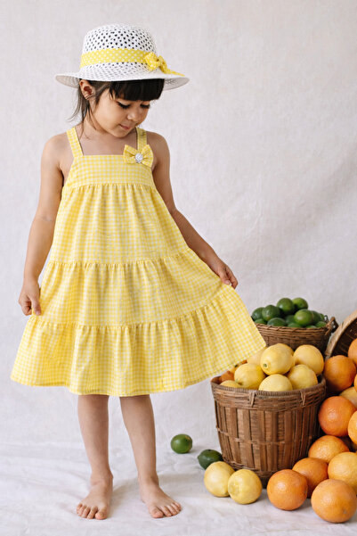 Monila Girl's Gingham Cotton Strap Hat Dress