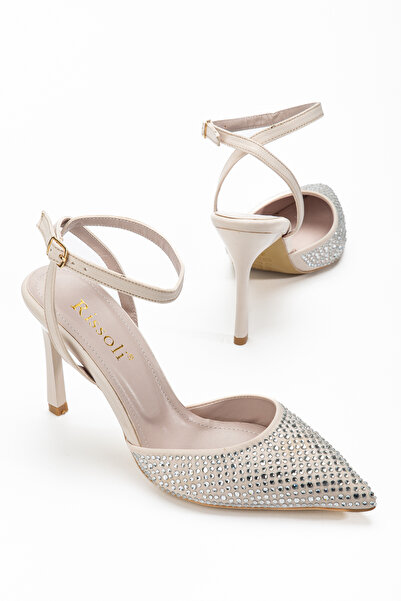 RİSSOLİ Women's Beige Stone Ankle Strap Detailed Evening Dress Heeled Shoes