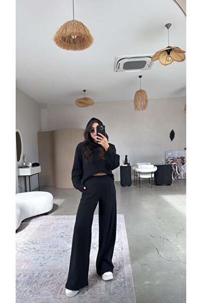 Buket Teke Black Corduroy Hooded Soft Textured Set