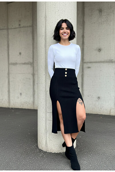 YusGos Elastic Waist Soft Textured Double Slit Skirt