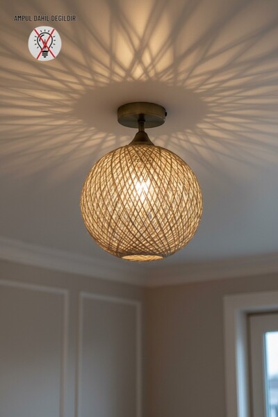 Bamyum Bohem Recycle İplik Jüt El Yapımı Bej Piramit Plafonyer Başlık Tekli M...