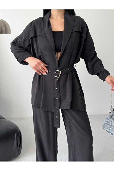 Moda İkra Trendy Set Made of a Belted Jacket and Wide-Leg Pants