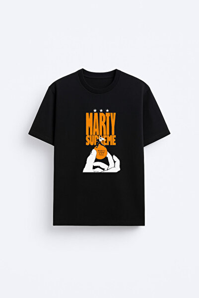 AYDESİGN Tricou negru unisex cu imprimeu Marty Supreme, cu gâtul tip crew neck