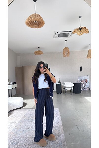 Buket Teke Navy Blue Striped Wide-Leg Fabric Trousers with Elastic Back