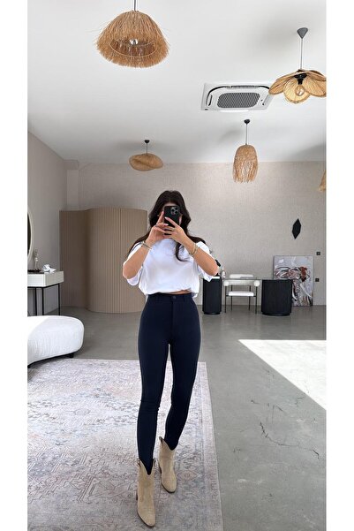 Buket Teke Navy Blue Matte Buttoned Steel Leggings Trousers