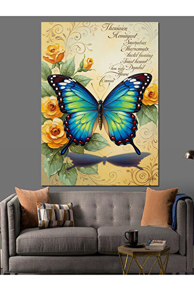 KanvasSepeti Blue Butterfly Flower Pictură în ulei de înaltă calitate textura...