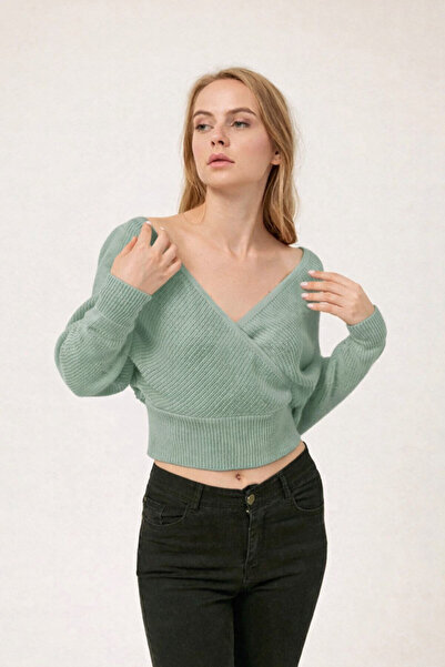 Kırçiçek Front and Back V-Waist Above Knitwear Crop Sweater - Mint Green