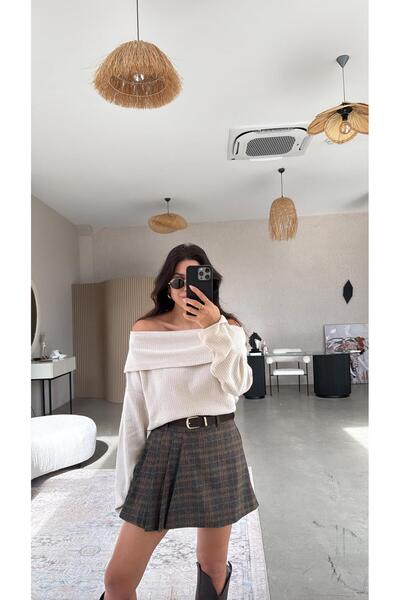 Buket Teke Brown Nubuck Belted Side Pleated Detailed Short Skirt