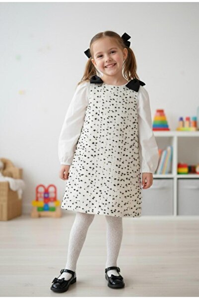 mayakids طقم فستان بناتي بنمط الباتيك مع أكمام مزدوجة مطاطية وفيونكة على الكتف