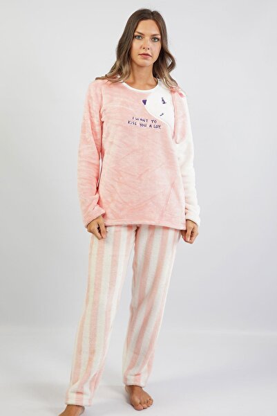 VİENETTA Women's Long Sleeve Fleece Rosebloom Pajama Set C6T7N0301