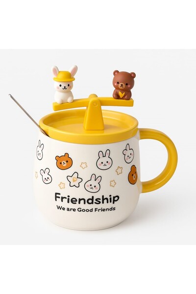 peanelife Friendship Cute Animal Figured Mug with Lid and Spoon