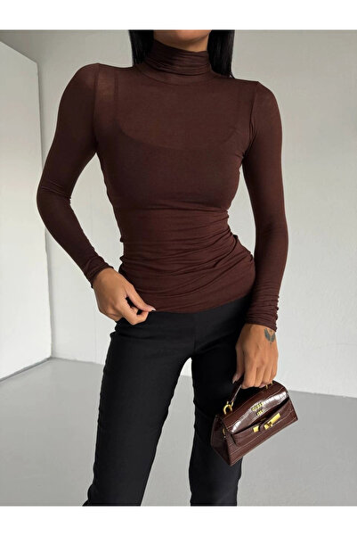 Black Fashion BALIKÇI YAKA TRANSPARAN KADIN BLUZ KAHVERENGİ