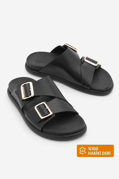 Marjin Papuci de damă din piele naturală, cu curea dublă și cataramă aurie, D...